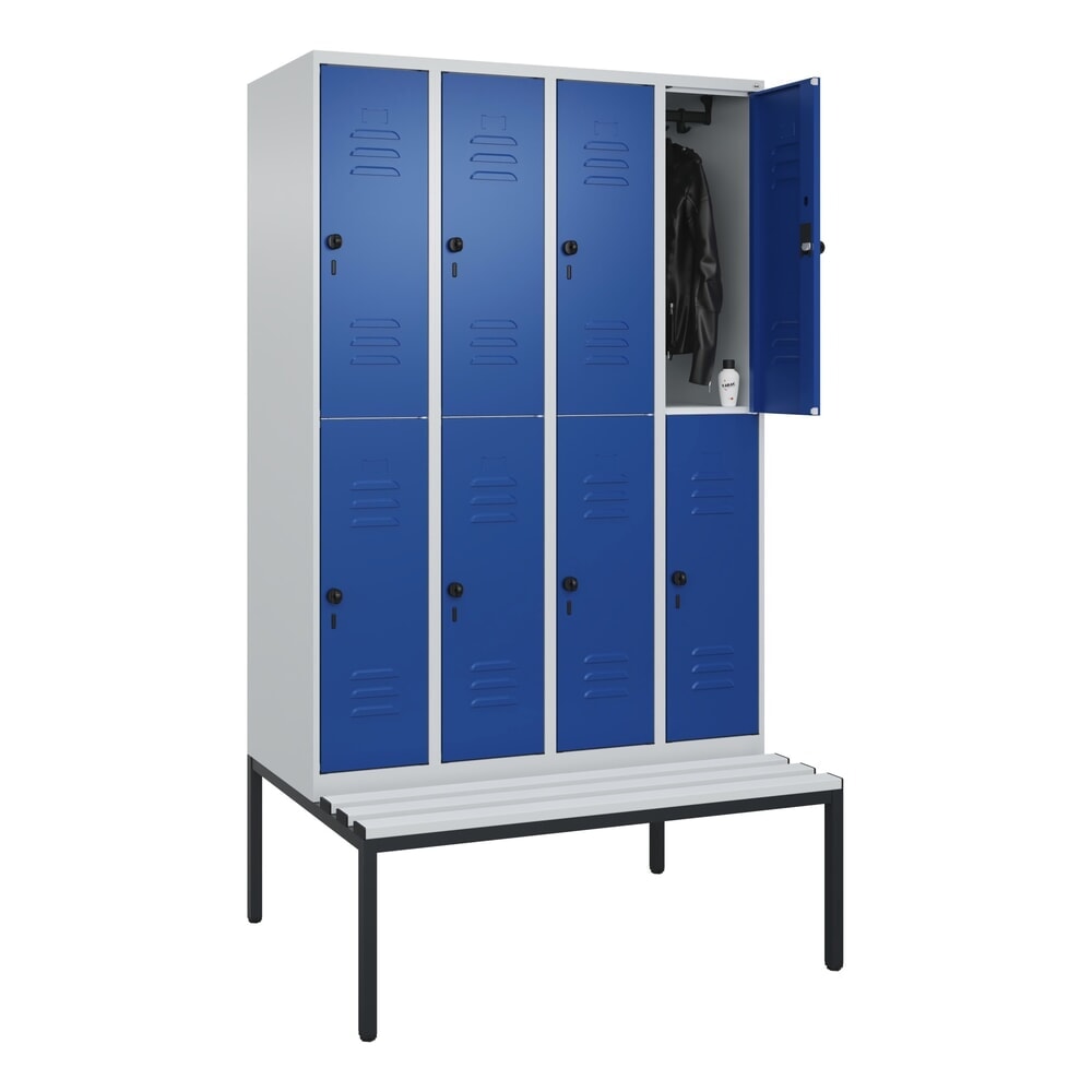 Produktabbildung Nr. 10: C+P Doppelstock-Spind Classic PLUS, 4 Abteile, HxBxT 2.120 x 1.200 x 815 mm, für Vorhängeschloss, untergebaute Bank aus Kunststoff, lichtgrau, enzianblau