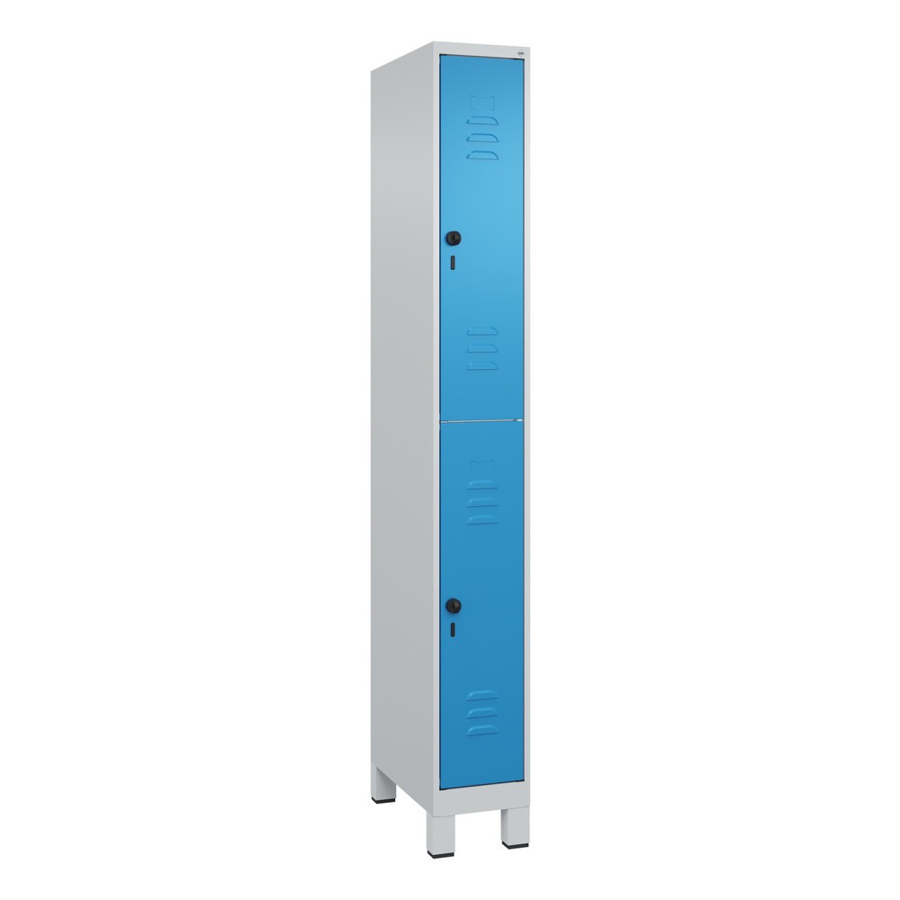 Produktabbildung: C+P Doppelstock-Spind Classic PLUS, Füße, 1 Abteil, HxBxT 1.950 x 250 x 500 mm, lichtgrau, lichtblau, 2 Fächer, für Vorhängeschloss