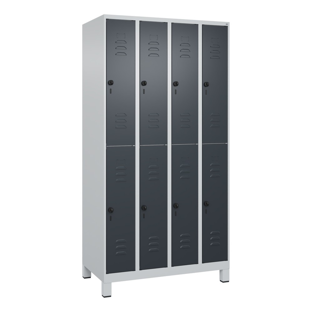 Produktabbildung: C+P Doppelstock-Spind Classic PLUS, Füße, 4 Abteile, HxBxT 1.950 x 1.000 x 500 mm, lichtgrau, anthrazitgrau, 8 Fächer, für Vorhängeschloss