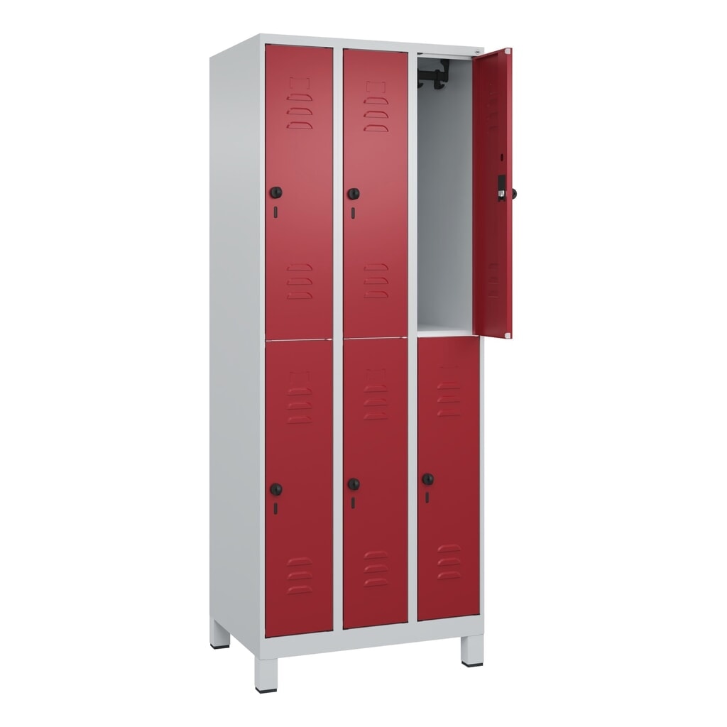 Produktabbildung Nr. 1: C+P Doppelstock-Spind Classic PLUS, Füße, 3 Abteile, HxBxT 1.950 x 750 x 500 mm, lichtgrau, rubinrot, 6 Fächer, für Vorhängeschloss