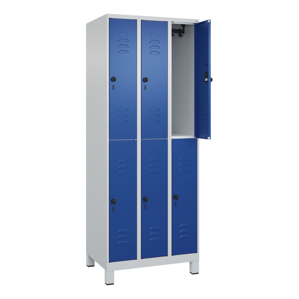 Produktabbildung: C+P Doppelstock-Spind Classic PLUS, Füße, 3 Abteile, HxBxT 1.950 x 750 x 500 mm, lichtgrau, enzianblau, 6 Fächer, für Vorhängeschloss