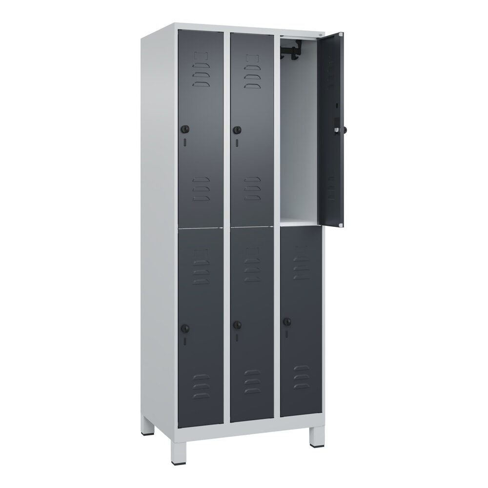 Produktabbildung: C+P Doppelstock-Spind Classic PLUS, Füße, 3 Abteile, HxBxT 1.950 x 750 x 500 mm, lichtgrau, anthrazitgrau, 6 Fächer, für Vorhängeschloss