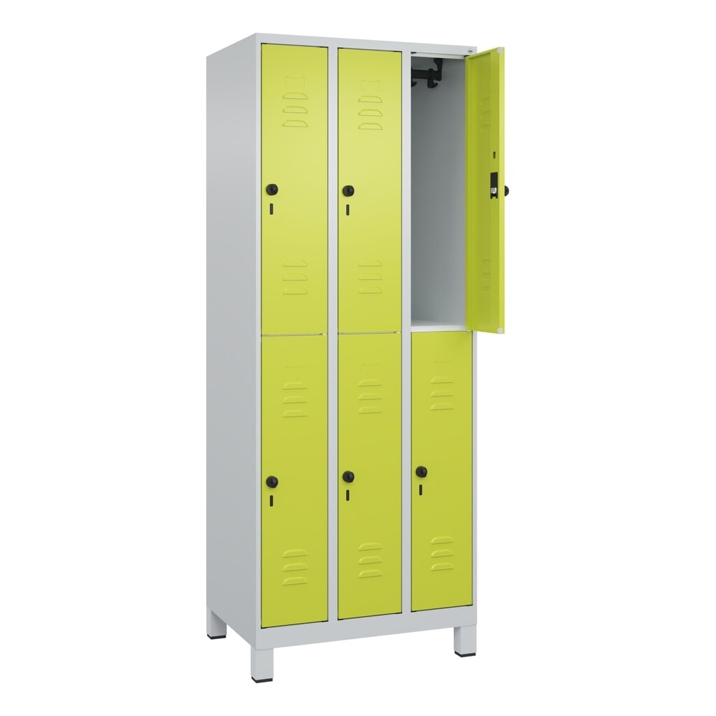 Produktabbildung Nr. 1: C+P Doppelstock-Spind Classic PLUS, Füße, 3 Abteile, HxBxT 1.950 x 750 x 500 mm, lichtgrau, clowngrün, 6 Fächer, für Vorhängeschloss