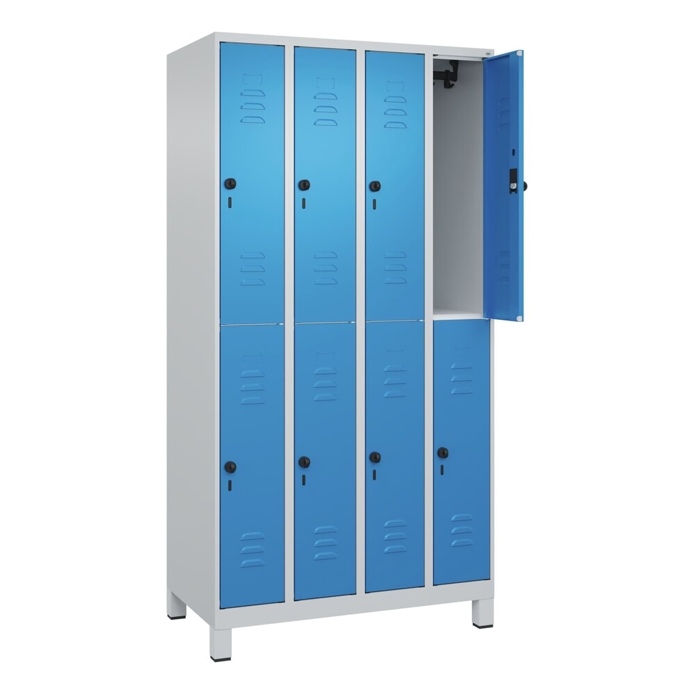 C+P Doppelstock-Spind Classic PLUS, Füße, 4 Abteile, HxBxT 1.950 x 1.000 x 500 mm, lichtgrau, lichtblau, 8 Fächer, für Vorhängeschloss Produktabbildung: C+P Doppelstock-Spind Classic PLUS, Füße, 4 Abteile, HxBxT 1.950 x 1.000 x 500 mm, lichtgrau, lichtblau, 8 Fächer, für Vorhängeschloss