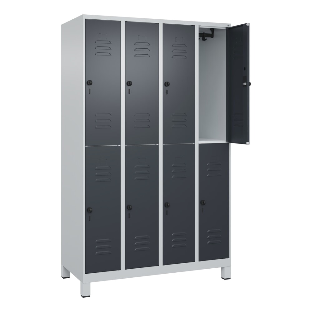 Produktabbildung: C+P Doppelstock-Spind Classic PLUS, Füße, 4 Abteile, HxBxT 1.950 x 1.200 x 500 mm, lichtgrau, anthrazitgrau, 8 Fächer, für Vorhängeschloss