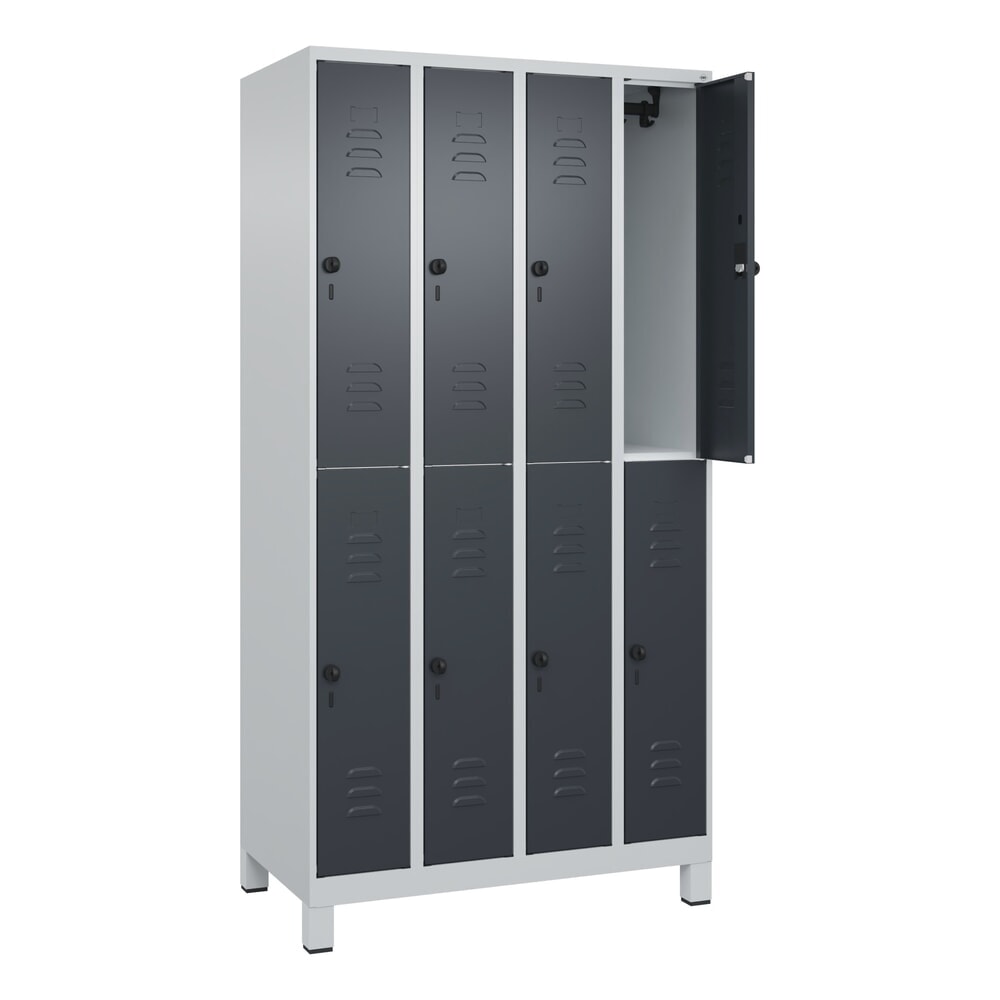 C+P Doppelstock-Spind Classic PLUS, Füße, 4 Abteile, HxBxT 1.950 x 1.000 x 500 mm, lichtgrau, anthrazitgrau, 8 Fächer, für Vorhängeschloss Produktabbildung: C+P Doppelstock-Spind Classic PLUS, Füße, 4 Abteile, HxBxT 1.950 x 1.000 x 500 mm, lichtgrau, anthrazitgrau, 8 Fächer, für Vorhängeschloss