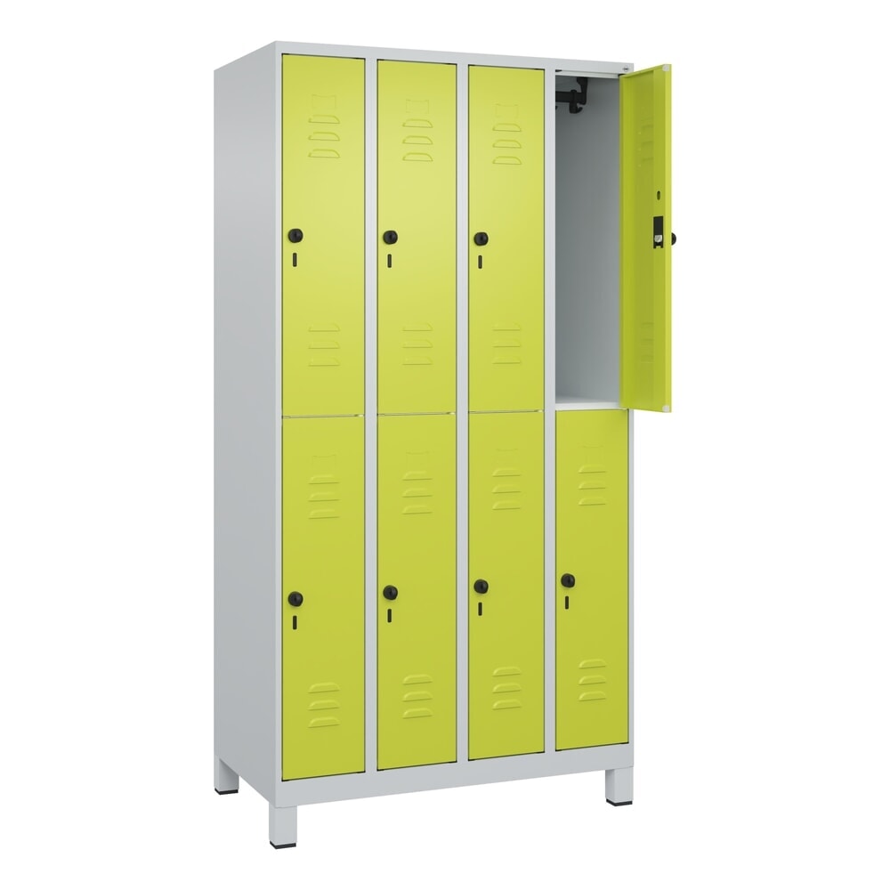 Produktabbildung: C+P Doppelstock-Spind Classic PLUS, Füße, 4 Abteile, HxBxT 1.950 x 1.000 x 500 mm, lichtgrau, clowngrün, 8 Fächer, für Vorhängeschloss