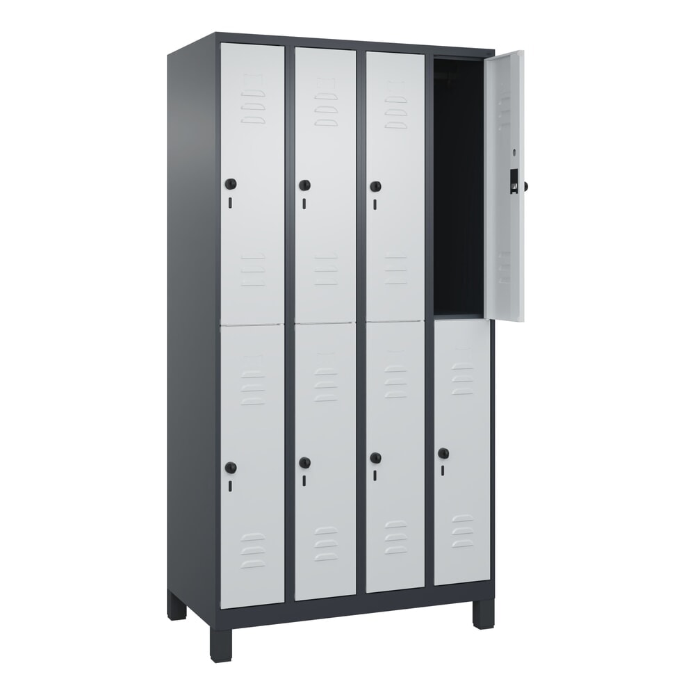 C+P Doppelstock-Spind Classic PLUS, Füße, 4 Abteile, HxBxT 1.950 x 1.000 x 500 mm, anthrazitgrau, lichtgrau, 8 Fächer, für Vorhängeschloss Produktabbildung: C+P Doppelstock-Spind Classic PLUS, Füße, 4 Abteile, HxBxT 1.950 x 1.000 x 500 mm, anthrazitgrau, lichtgrau, 8 Fächer, für Vorhängeschloss