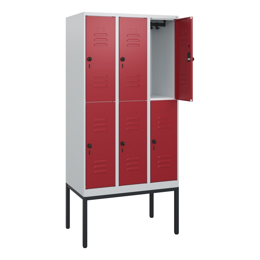 Produktabbildung: C+P Doppelstock-Spind Classic PLUS, Gestell, 3 Abteile, HxBxT 1.950 x 900 x 500 mm, lichtgrau, rubinrot, für Vorhängeschloss, 6 Fächer