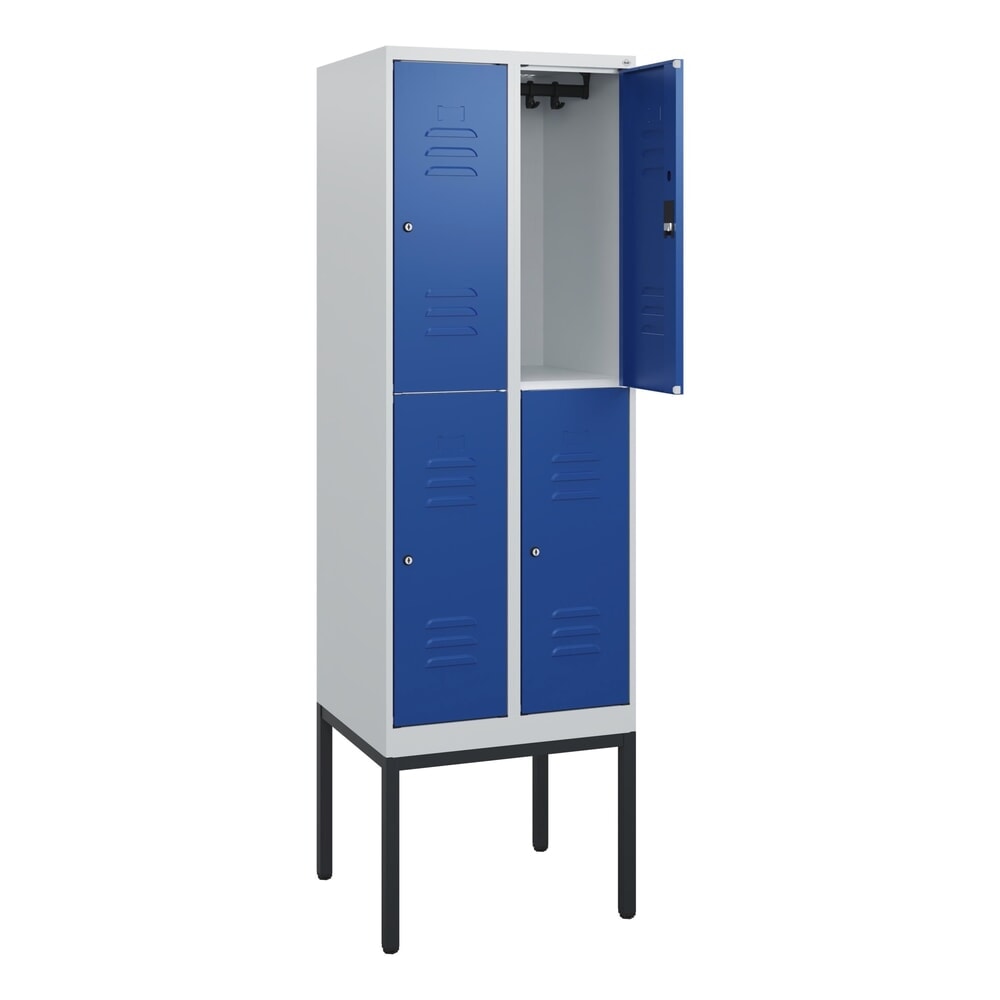 Produktabbildung: C+P Doppelstock-Spind Classic PLUS, Gestell, 2 Abteile, HxBxT 1.950 x 600 x 500 mm, lichtgrau, enzianblau, Zylinderschloss, 4 Fächer