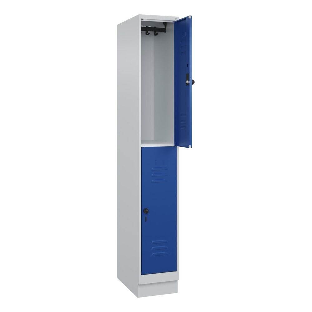 Produktabbildung Nr. 1: C+P Doppelstock-Spind Classic PLUS, Sockel, 1 Abteil, HxBxT 1.950 x 300 x 500 mm, lichtgrau, enzianblau, 2 Fächer, für Vorhängeschloss