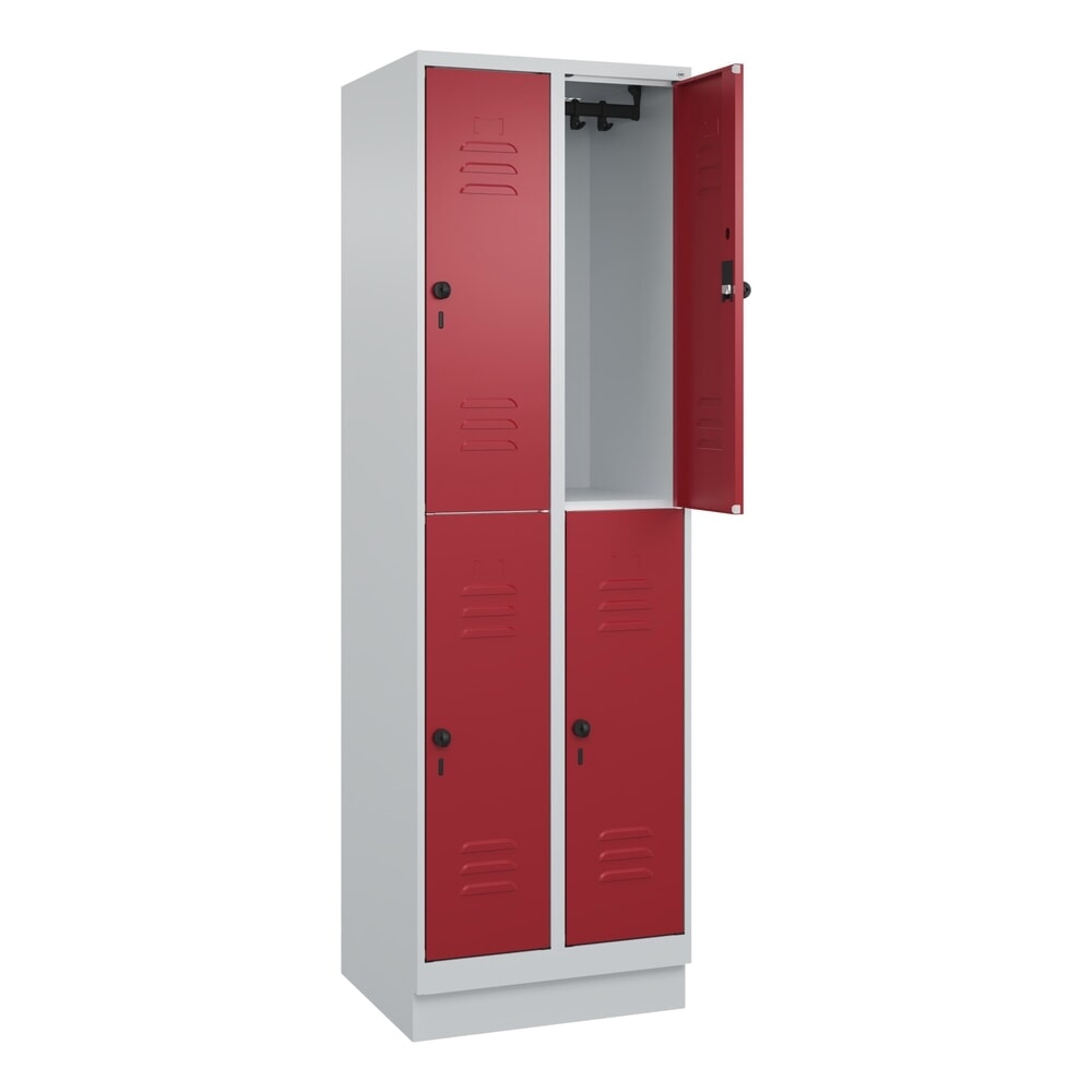 Produktabbildung Nr. 1: C+P Doppelstock-Spind Classic PLUS, Sockel, 2 Abteile, HxBxT 1.950 x 600 x 500 mm, lichtgrau, rubinrot, 4 Fächer, für Vorhängeschloss