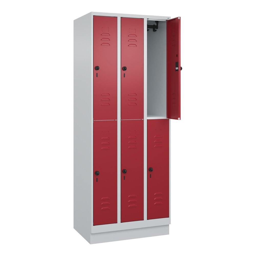Produktabbildung: C+P Doppelstock-Spind Classic PLUS, Sockel, 3 Abteile, HxBxT 1.950 x 750 x 500 mm, lichtgrau, rubinrot, 6 Fächer, für Vorhängeschloss