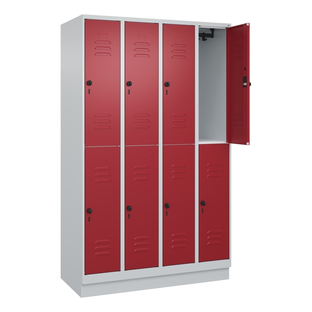 Produktabbildung Nr. 1: C+P Doppelstock-Spind Classic PLUS, Sockel, 4 Abteile, HxBxT 1.950 x 1.200 x 500 mm, lichtgrau, rubinrot, 8 Fächer, für Vorhängeschloss