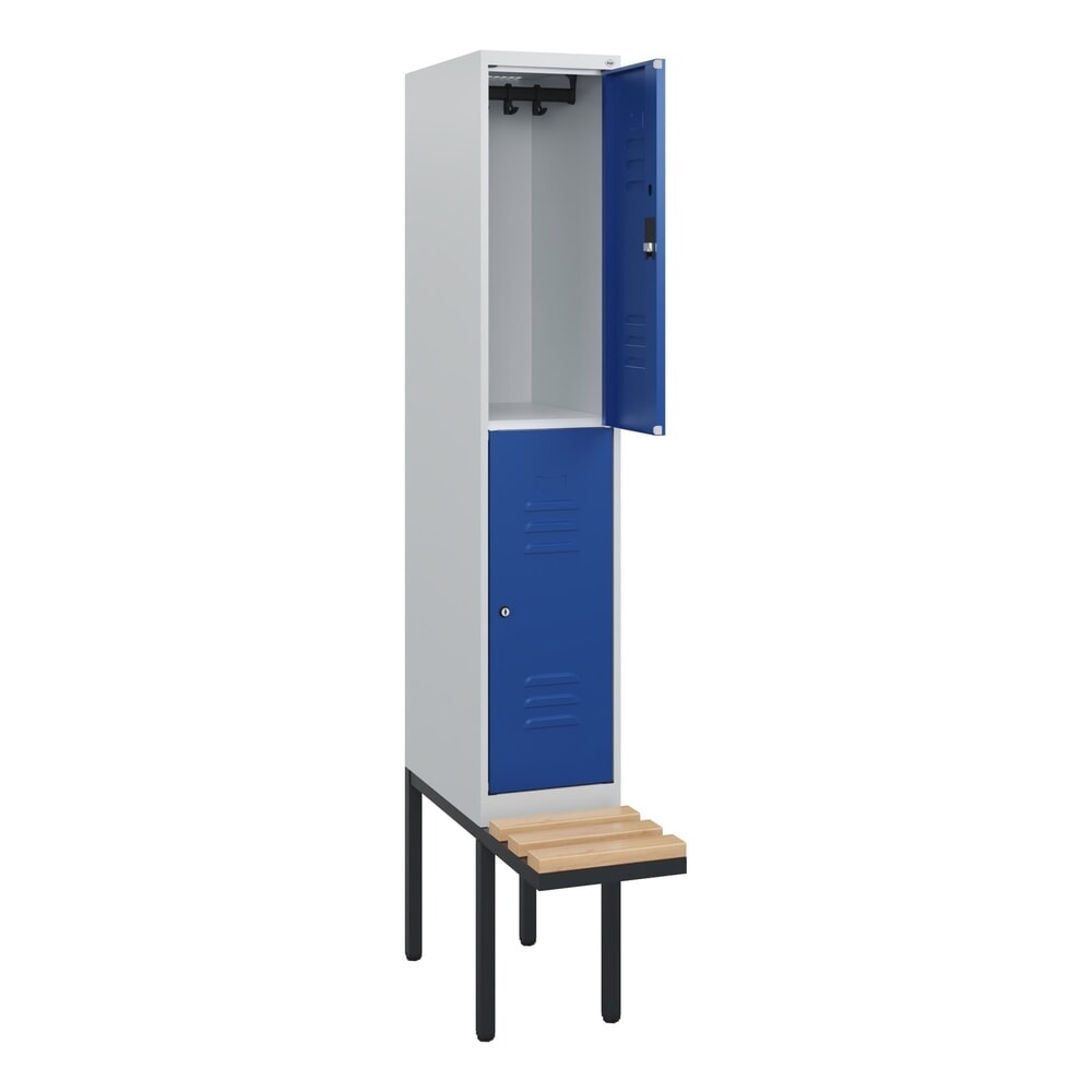 Produktabbildung Nr. 1: C+P Doppelstock-Spind Classic PLUS, 1 Abteil, HxBxT 1.950 x 300 x 815 mm, Zylinderschloss, auskragende Bank aus Buche, lichtgrau, enzianblau
