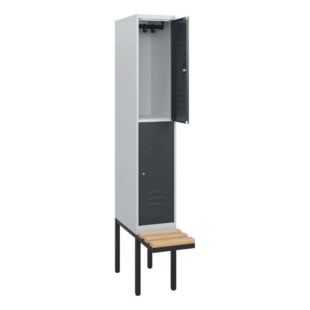 Produktabbildung Nr. 1: C+P Doppelstock-Spind Classic PLUS, 1 Abteil, HxBxT 1.950 x 300 x 815 mm, Zylinderschloss, auskragende Bank aus Buche, lichtgrau, anthrazitgrau