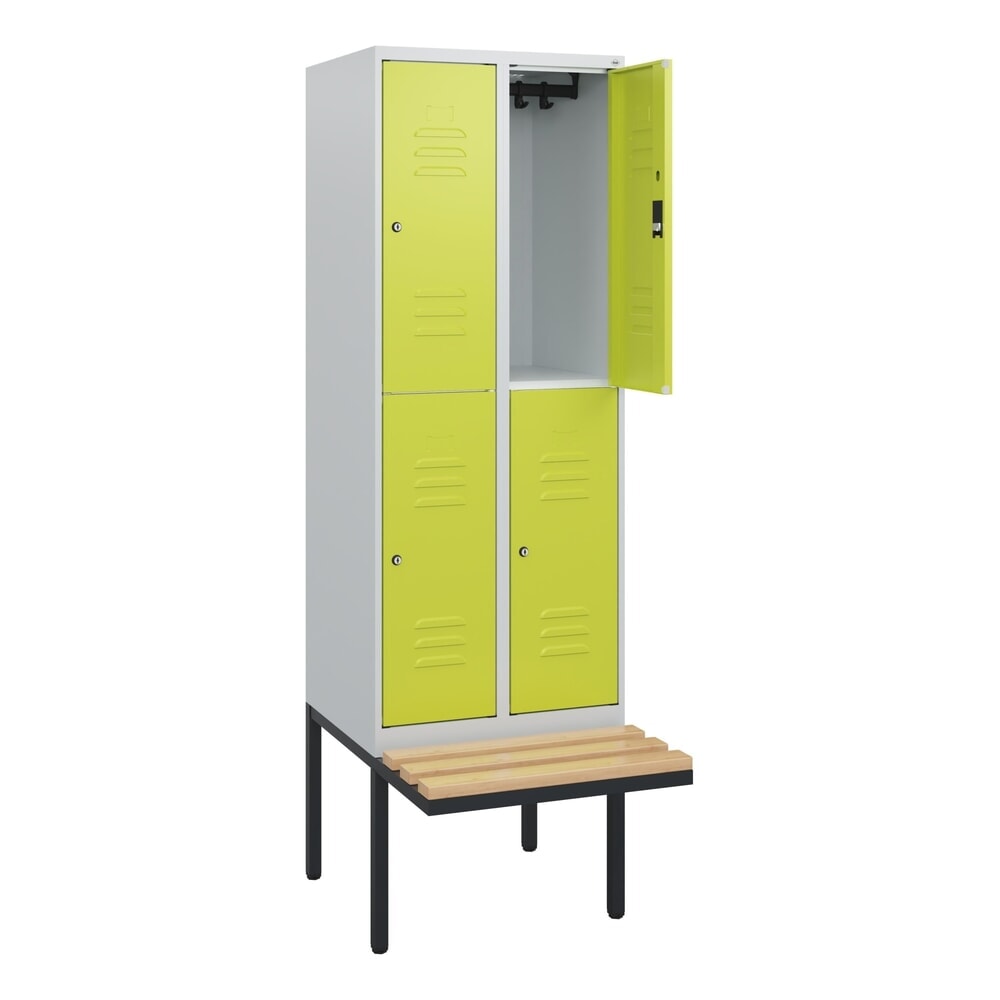 Produktabbildung Nr. 1: C+P Doppelstock-Spind Classic PLUS, 2 Abteile, HxBxT 1.950 x 600 x 815 mm, Zylinderschloss, auskragende Bank aus Buche, lichtgrau, clowngrün