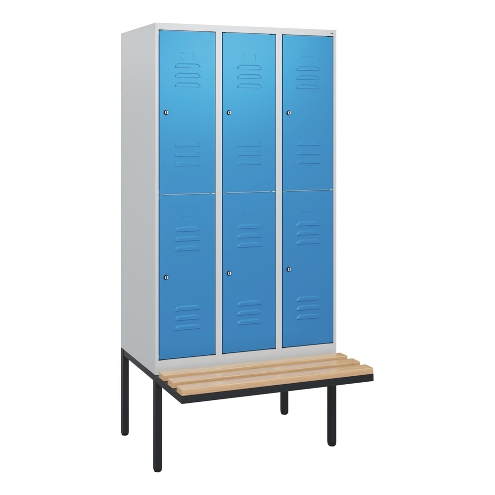 Produktabbildung Nr. 9: C+P Doppelstock-Spind Classic PLUS, 3 Abteile, HxBxT 1.950 x 900 x 815 mm, Zylinderschloss, auskragende Bank aus Buche, lichtgrau, lichtblau