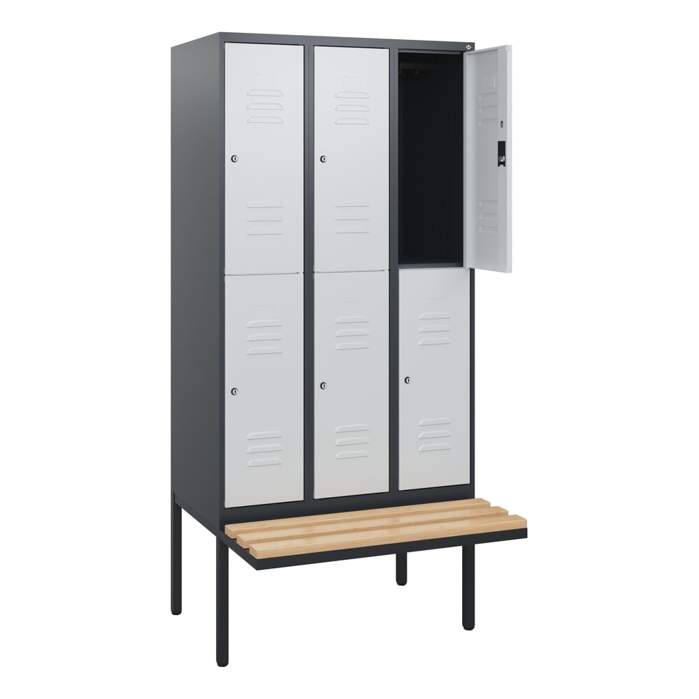 C+P Doppelstock-Spind Classic PLUS, 3 Abteile, HxBxT 1.950 x 900 x 815 mm, Zylinderschloss, auskragende Bank aus Buche, anthrazitgrau, lichtgrau Produktabbildung Nr. 1: C+P Doppelstock-Spind Classic PLUS, 3 Abteile, HxBxT 1.950 x 900 x 815 mm, Zylinderschloss, auskragende Bank aus Buche, anthrazitgrau, lichtgrau