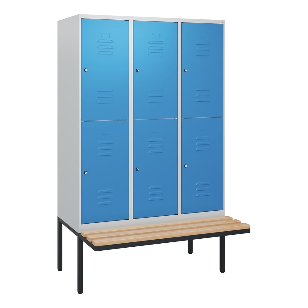 Produktabbildung Nr. 9: C+P Doppelstock-Spind Classic PLUS, 3 Abteile, HxBxT 1.950 x 1.200 x 815 mm, Zylinderschloss, auskragende Bank aus Buche, lichtgrau, lichtblau