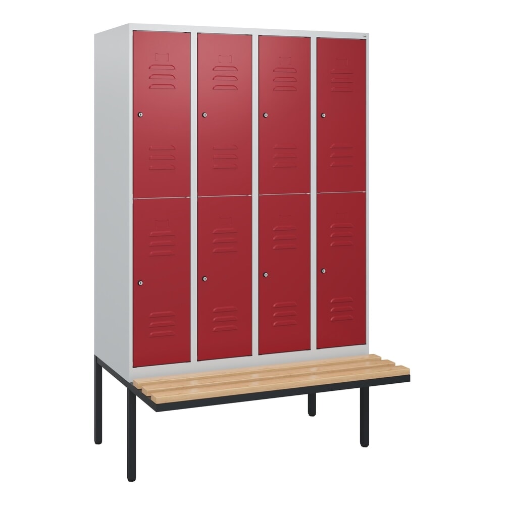 Produktabbildung Nr. 9: C+P Doppelstock-Spind Classic PLUS, 4 Abteile, HxBxT 1.950 x 1.200 x 815 mm, Zylinderschloss, auskragende Bank aus Buche, lichtgrau, rubinrot