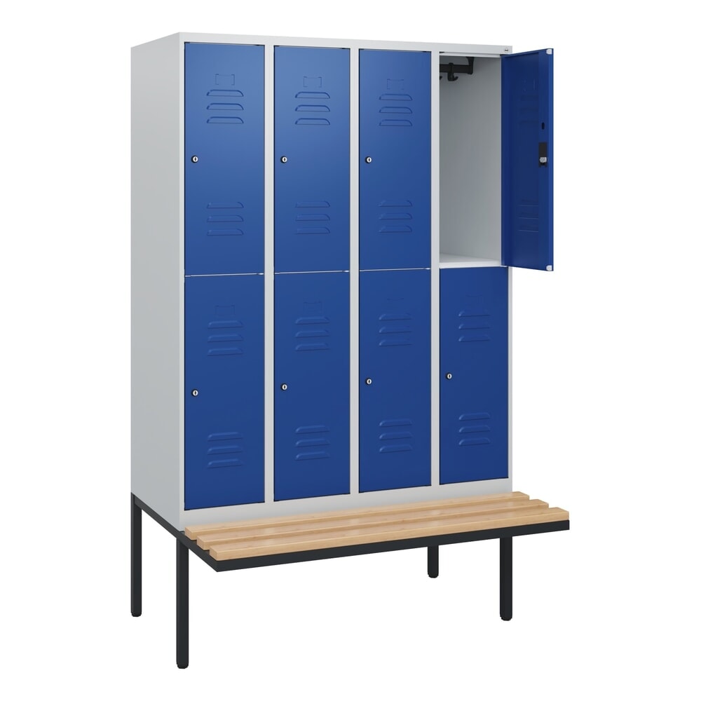 Produktabbildung: C+P Doppelstock-Spind Classic PLUS, 4 Abteile, HxBxT 1.950 x 1.200 x 815 mm, Zylinderschloss, auskragende Bank aus Buche, lichtgrau, enzianblau