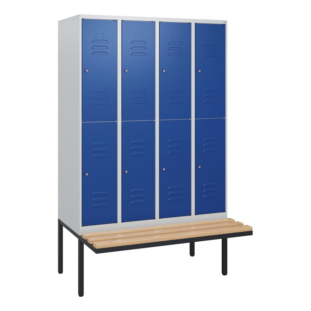 Produktabbildung Nr. 9: C+P Doppelstock-Spind Classic PLUS, 4 Abteile, HxBxT 1.950 x 1.200 x 815 mm, Zylinderschloss, auskragende Bank aus Buche, lichtgrau, enzianblau