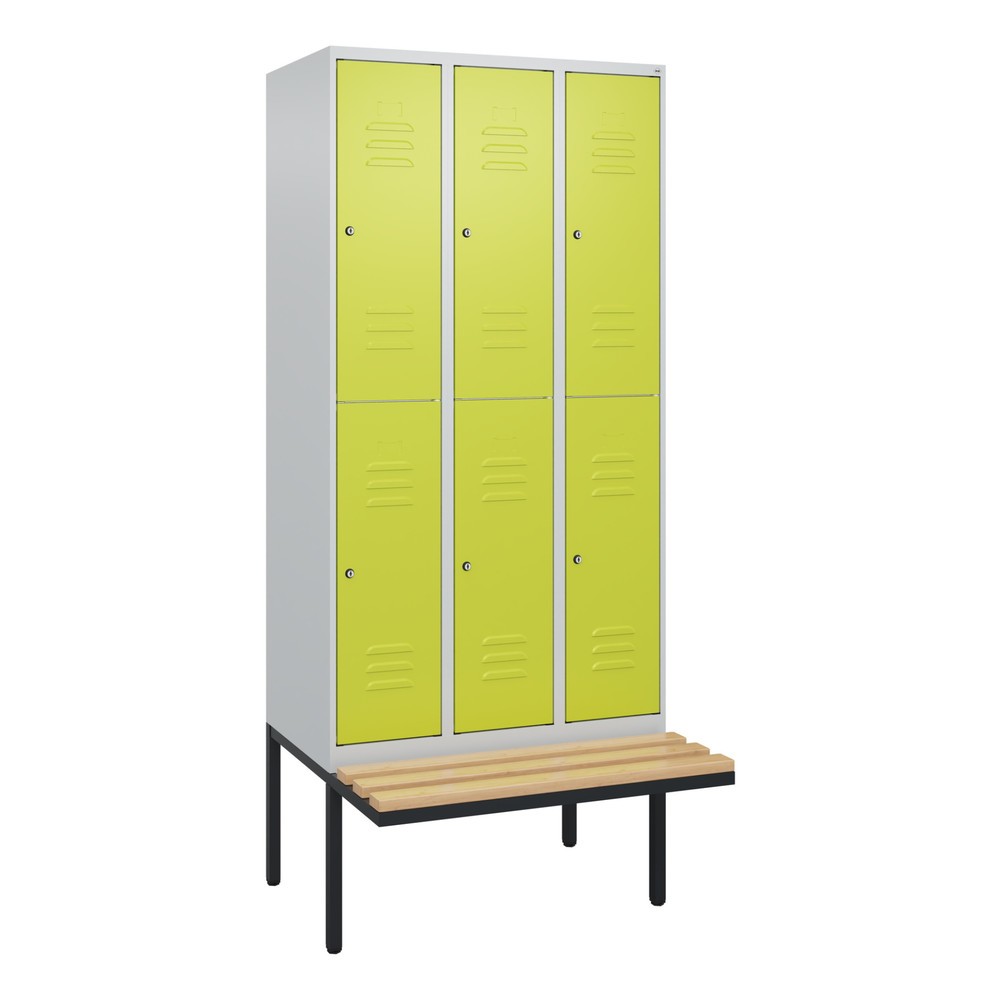 Produktabbildung: C+P Doppelstock-Spind Classic PLUS, 3 Abteile, HxBxT 2.120 x 900 x 815 mm, Zylinderschloss, auskragende Bank aus Buche, lichtgrau, clowngrün