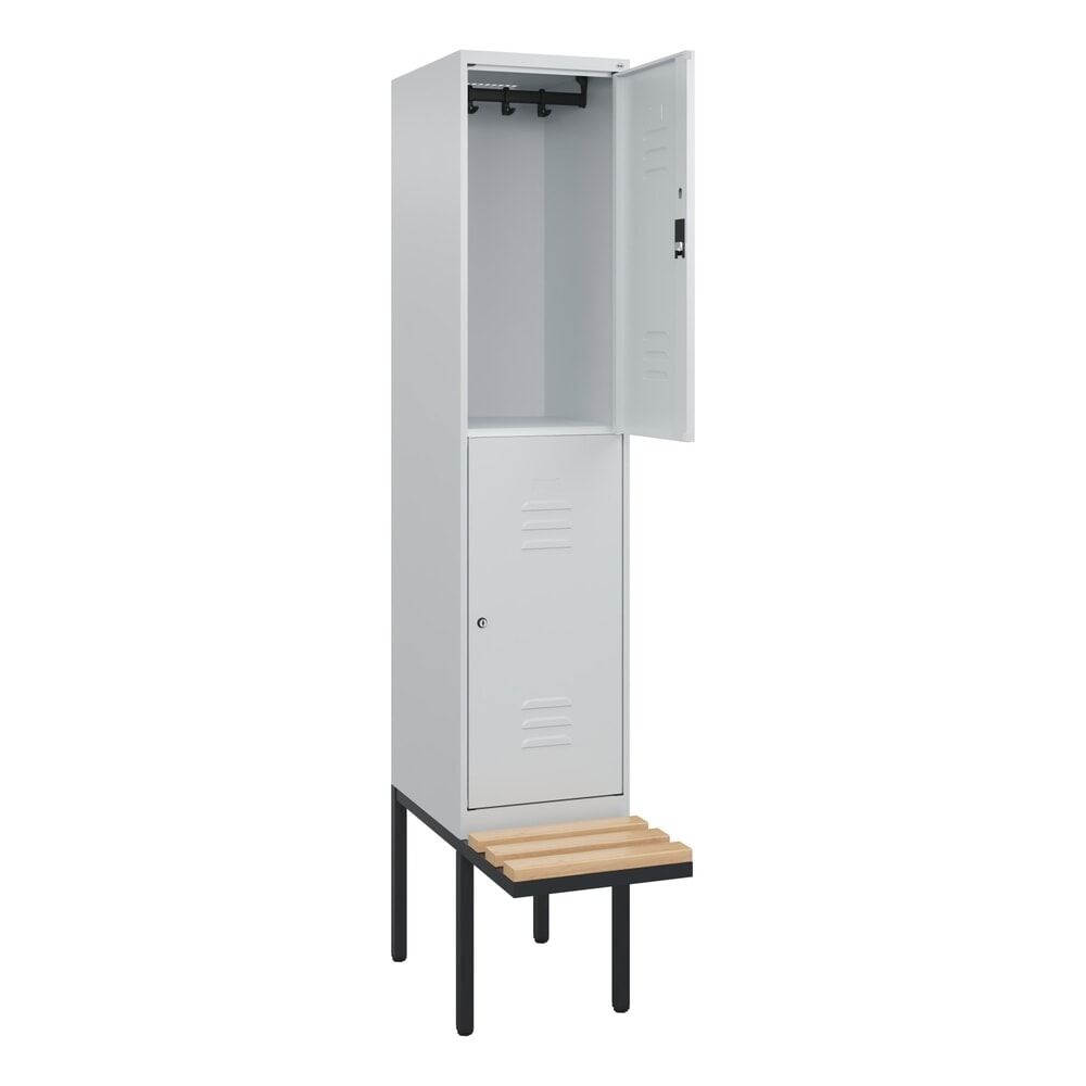 Produktabbildung: C+P Doppelstock-Spind Classic PLUS, 1 Abteil, HxBxT 2.120 x 400 x 815 mm, Zylinderschloss, auskragende Bank aus Buche, lichtgrau, lichtgrau