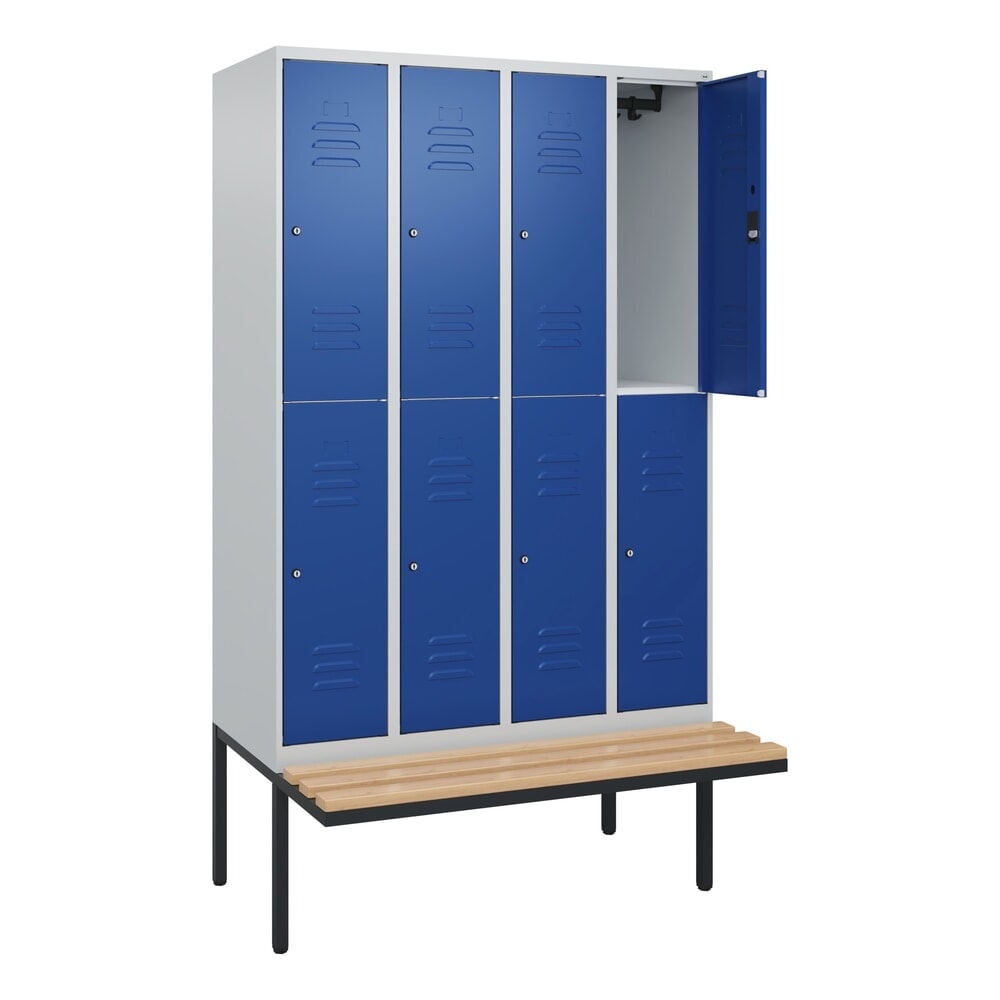 C+P Doppelstock-Spind Classic PLUS, 4 Abteile, HxBxT 2.120 x 1.200 x 815 mm, Zylinderschloss, auskragende Bank aus Buche, lichtgrau, enzianblau Produktabbildung: C+P Doppelstock-Spind Classic PLUS, 4 Abteile, HxBxT 2.120 x 1.200 x 815 mm, Zylinderschloss, auskragende Bank aus Buche, lichtgrau, enzianblau
