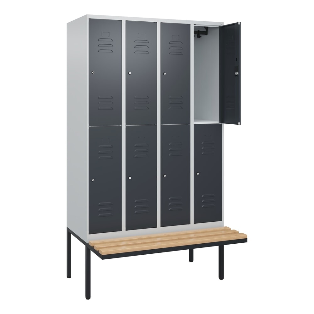 Produktabbildung: C+P Doppelstock-Spind Classic PLUS, 4 Abteile, HxBxT 2.120 x 1.200 x 815 mm, Zylinderschloss, auskragende Bank aus Buche, lichtgrau, anthrazitgrau