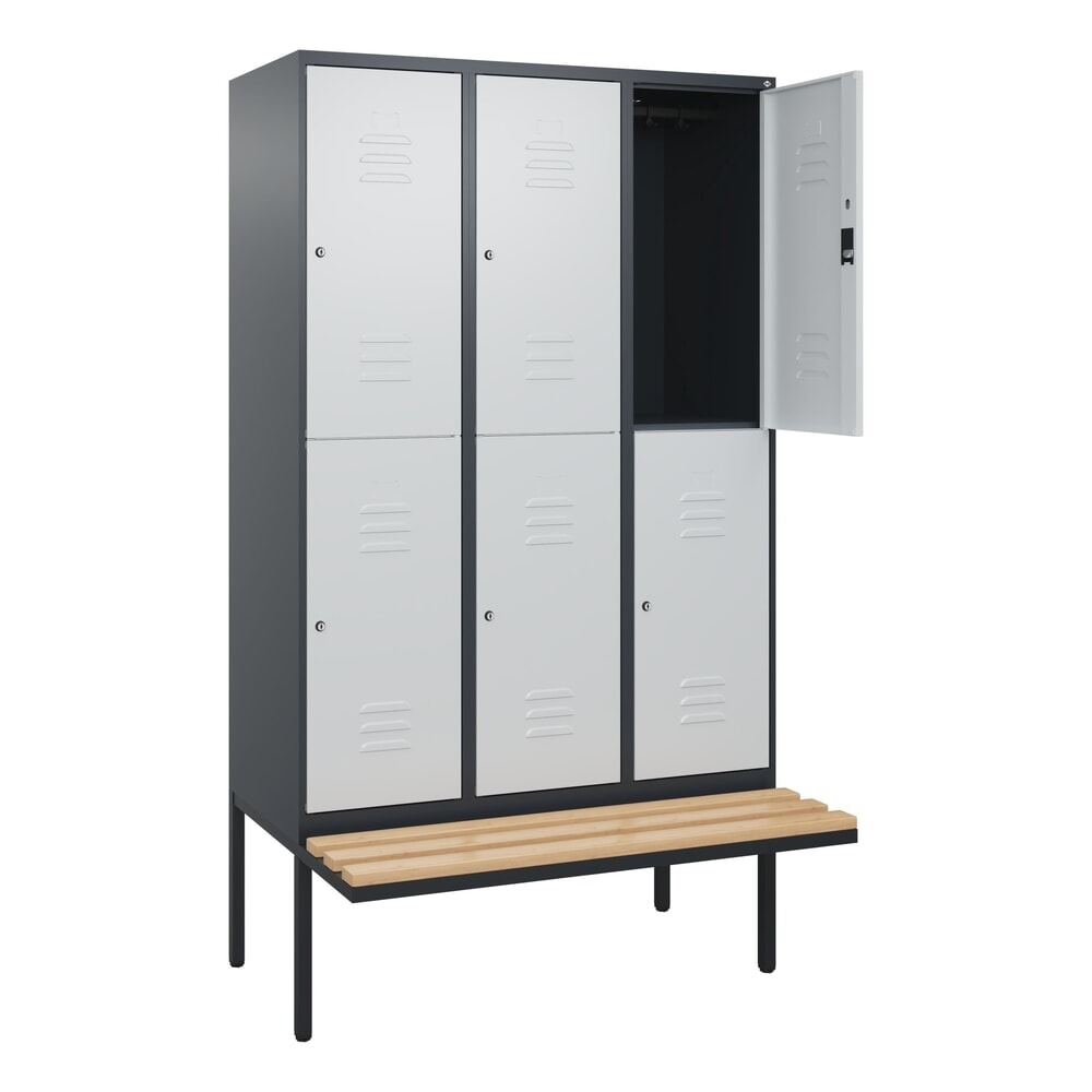 Produktabbildung: C+P Doppelstock-Spind Classic PLUS, 3 Abteile, HxBxT 2.120 x 1.200 x 815 mm, Zylinderschloss, auskragende Bank aus Buche, anthrazitgrau, lichtgrau