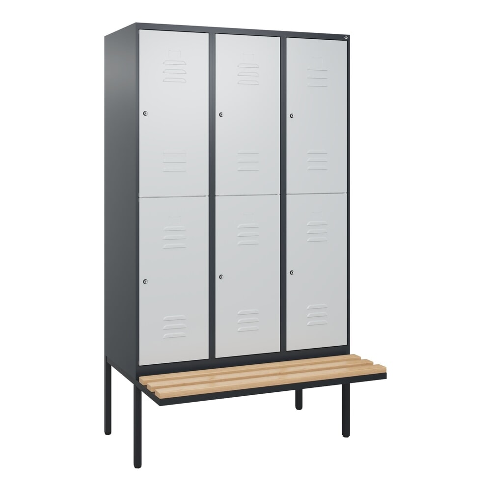 Produktabbildung Nr. 9: C+P Doppelstock-Spind Classic PLUS, 3 Abteile, HxBxT 2.120 x 1.200 x 815 mm, Zylinderschloss, auskragende Bank aus Buche, anthrazitgrau, lichtgrau