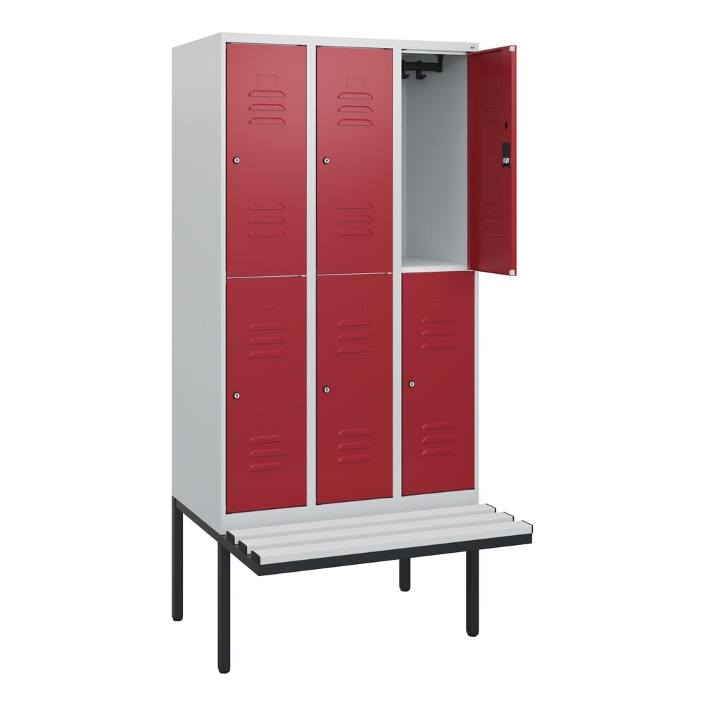 Produktabbildung: C+P Doppelstock-Spind Classic PLUS, 3 Abteile, HxBxT 1.950 x 900 x 815 mm, Zylinderschloss, auskragende Bank aus Kunststoff, lichtgrau, rubinrot