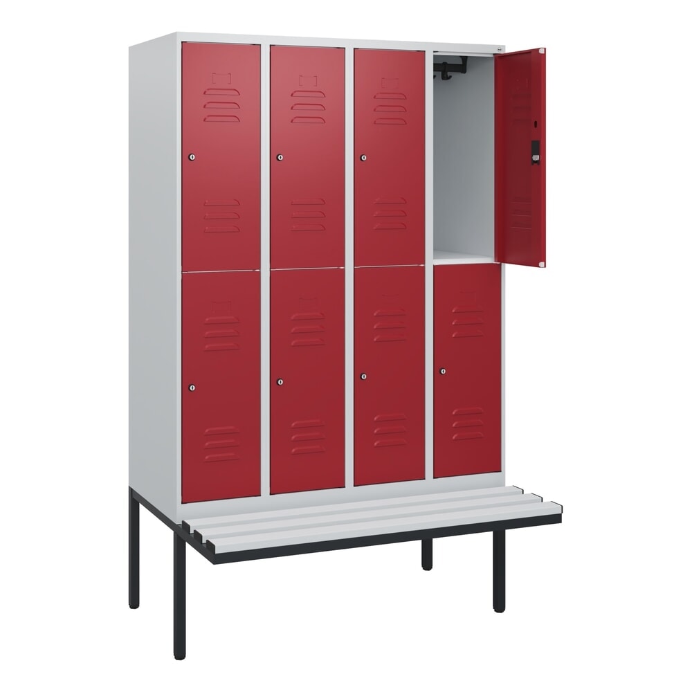 Produktabbildung Nr. 1: C+P Doppelstock-Spind Classic PLUS, 4 Abteile, HxBxT 1.950 x 1.200 x 815 mm, Zylinderschloss, auskragende Bank aus Kunststoff, lichtgrau, rubinrot