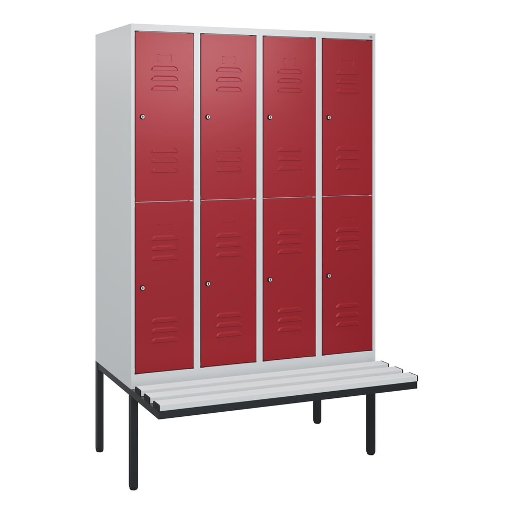 Produktabbildung Nr. 9: C+P Doppelstock-Spind Classic PLUS, 4 Abteile, HxBxT 1.950 x 1.200 x 815 mm, Zylinderschloss, auskragende Bank aus Kunststoff, lichtgrau, rubinrot