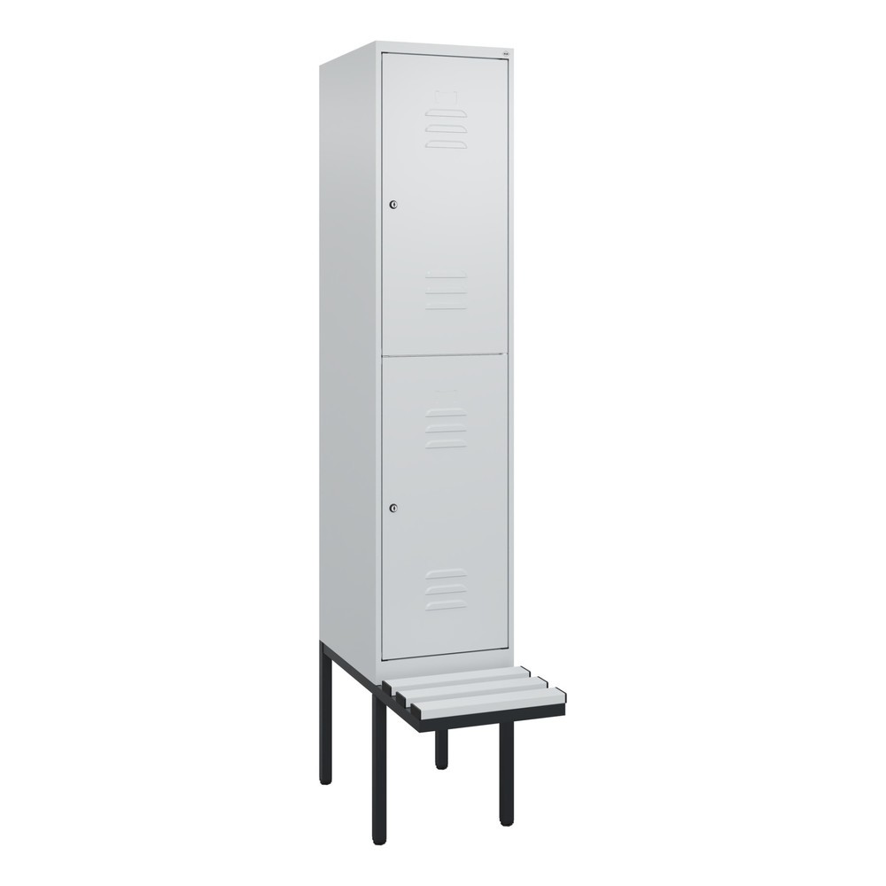 Produktabbildung: C+P Doppelstock-Spind Classic PLUS, 1 Abteil, HxBxT 2.120 x 400 x 815 mm, Zylinderschloss, auskragende Bank aus Kunststoff, lichtgrau, lichtgrau