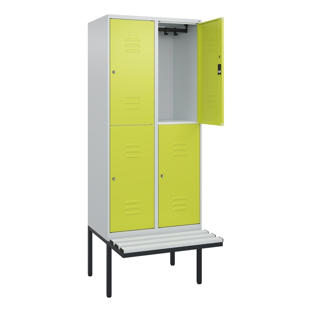 Produktabbildung: C+P Doppelstock-Spind Classic PLUS, 2 Abteile, HxBxT 2.120 x 800 x 815 mm, Zylinderschloss, auskragende Bank aus Kunststoff, lichtgrau, clowngrün
