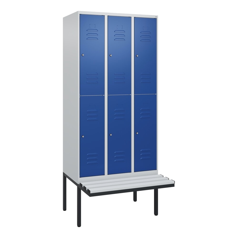 Produktabbildung Nr. 9: C+P Doppelstock-Spind Classic PLUS, 3 Abteile, HxBxT 2.120 x 900 x 815 mm, Zylinderschloss, auskragende Bank aus Kunststoff, lichtgrau, enzianblau