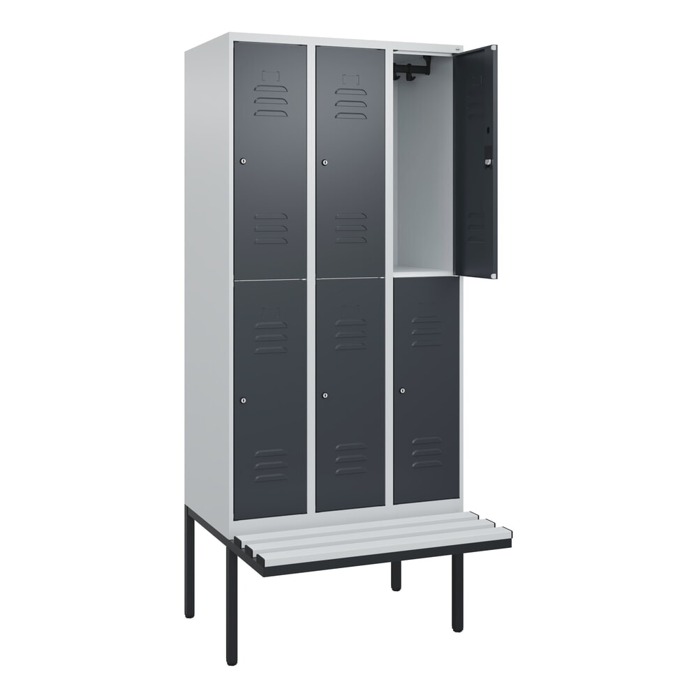 Produktabbildung: C+P Doppelstock-Spind Classic PLUS, 3 Abteile, HxBxT 2.120 x 900 x 815 mm, Zylinderschloss, auskragende Bank aus Kunststoff, lichtgrau, anthrazitgrau