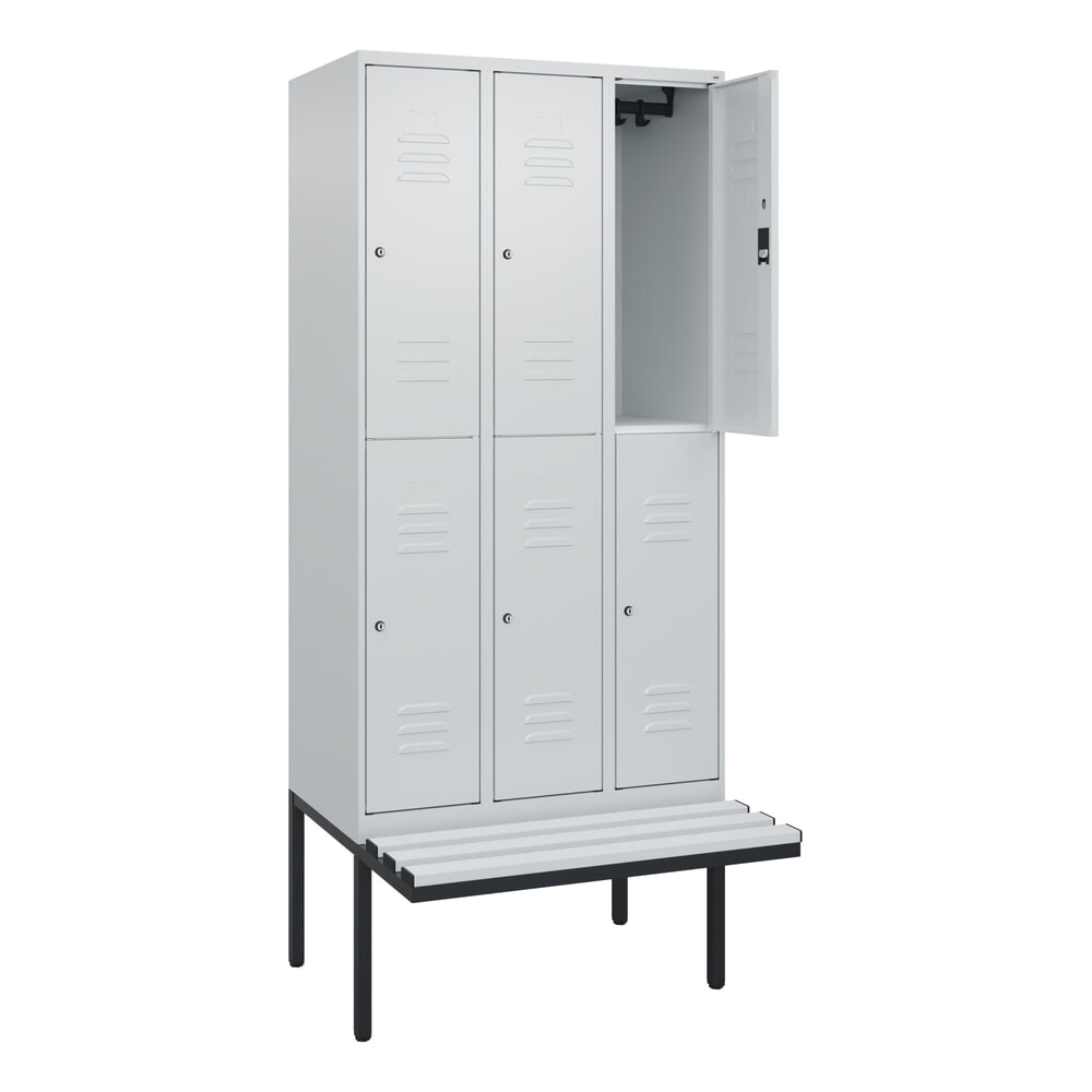 Produktabbildung: C+P Doppelstock-Spind Classic PLUS, 3 Abteile, HxBxT 2.120 x 900 x 815 mm, Zylinderschloss, auskragende Bank aus Kunststoff, lichtgrau, lichtgrau