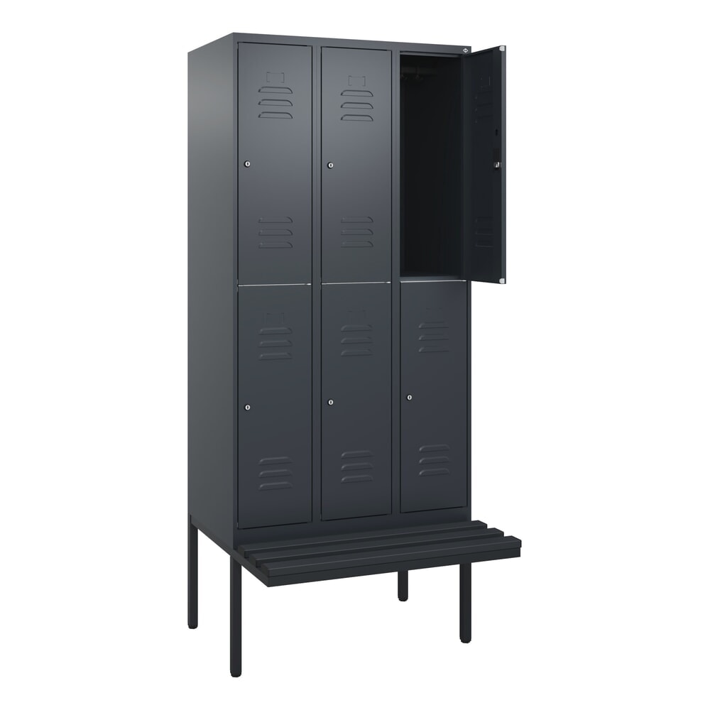Produktabbildung: C+P Doppelstock-Spind Classic PLUS, 3 Abteile, HxBxT 2.120 x 900 x 815 mm, Zylinderschloss, auskragende Bank aus Kunststoff, anthrazitgrau, anthrazitgrau