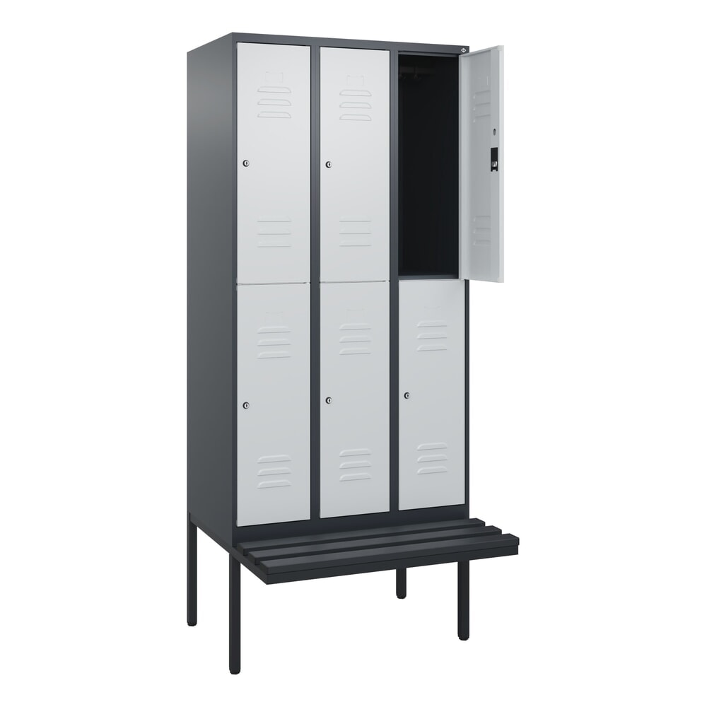 Produktabbildung: C+P Doppelstock-Spind Classic PLUS, 3 Abteile, HxBxT 2.120 x 900 x 815 mm, Zylinderschloss, auskragende Bank aus Kunststoff, anthrazitgrau, lichtgrau