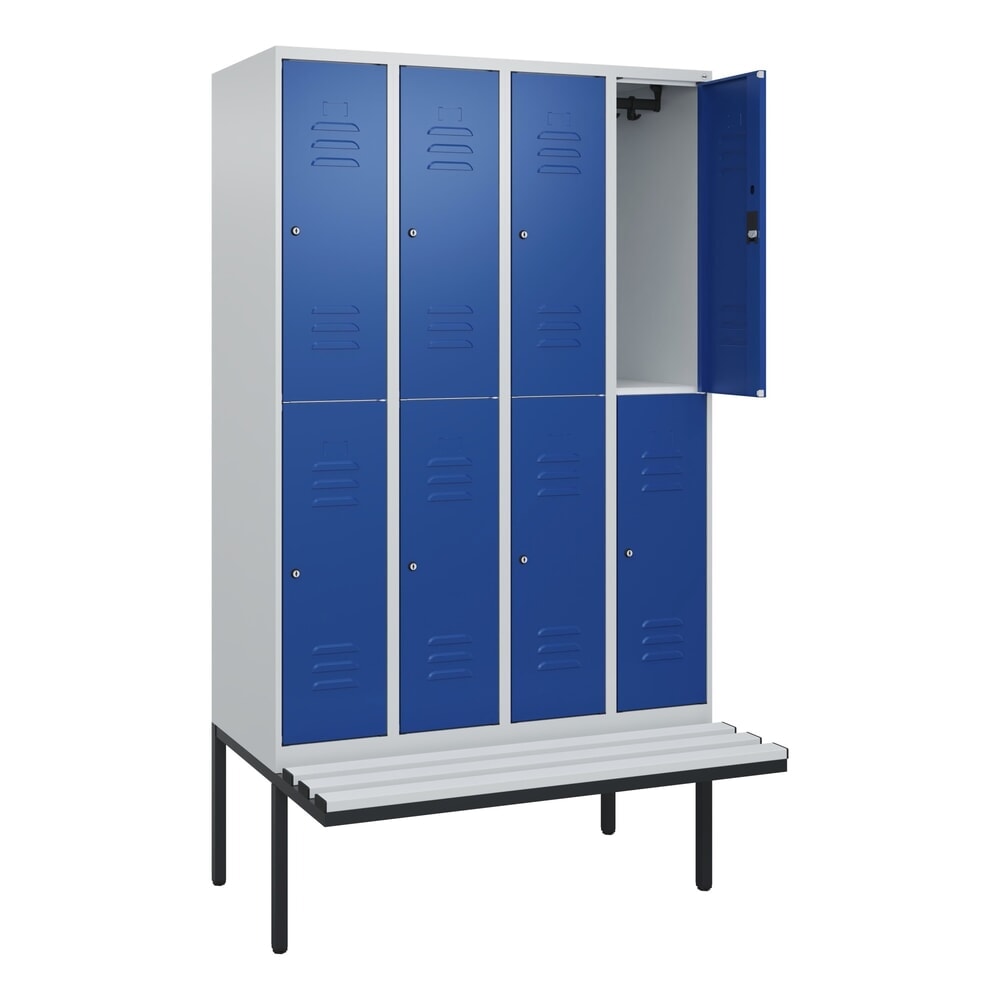 C+P Doppelstock-Spind Classic PLUS, 4 Abteile, HxBxT 2.120 x 1.200 x 815 mm, Zylinderschloss, auskragende Bank aus Kunststoff, lichtgrau, enzianblau Produktabbildung: C+P Doppelstock-Spind Classic PLUS, 4 Abteile, HxBxT 2.120 x 1.200 x 815 mm, Zylinderschloss, auskragende Bank aus Kunststoff, lichtgrau, enzianblau
