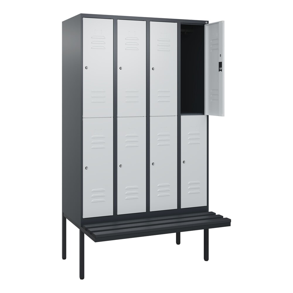 Produktabbildung: C+P Doppelstock-Spind Classic PLUS, 4 Abteile, HxBxT 2.120 x 1.200 x 815 mm, Zylinderschloss, auskragende Bank aus Kunststoff, anthrazitgrau, lichtgrau