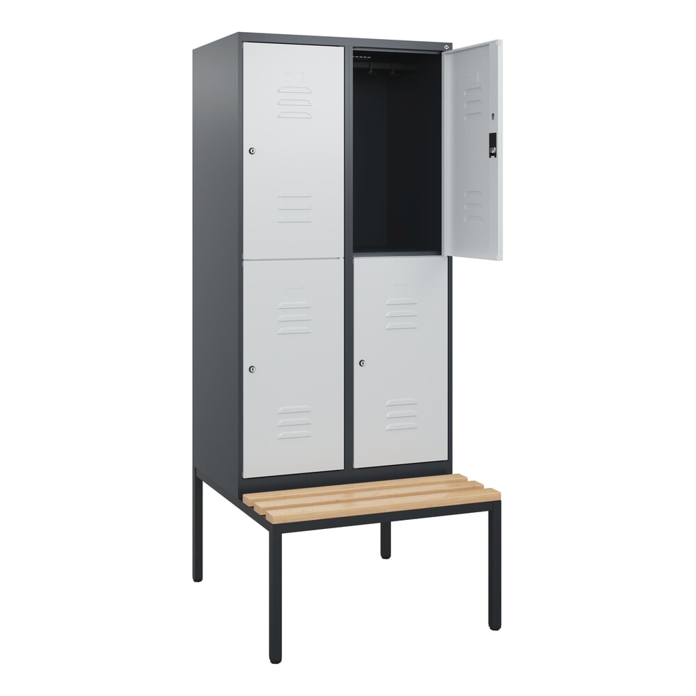 Produktabbildung: C+P Doppelstock-Spind Classic PLUS, 2 Abteile, HxBxT 1.950 x 800 x 815 mm, Zylinderschloss, untergebaute Bank aus Buche, anthrazitgrau, lichtgrau