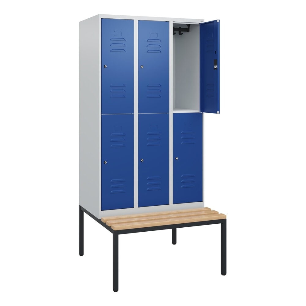 C+P Doppelstock-Spind Classic PLUS, 3 Abteile, HxBxT 1.950 x 900 x 815 mm, Zylinderschloss, untergebaute Bank aus Buche, lichtgrau, enzianblau Produktabbildung: C+P Doppelstock-Spind Classic PLUS, 3 Abteile, HxBxT 1.950 x 900 x 815 mm, Zylinderschloss, untergebaute Bank aus Buche, lichtgrau, enzianblau