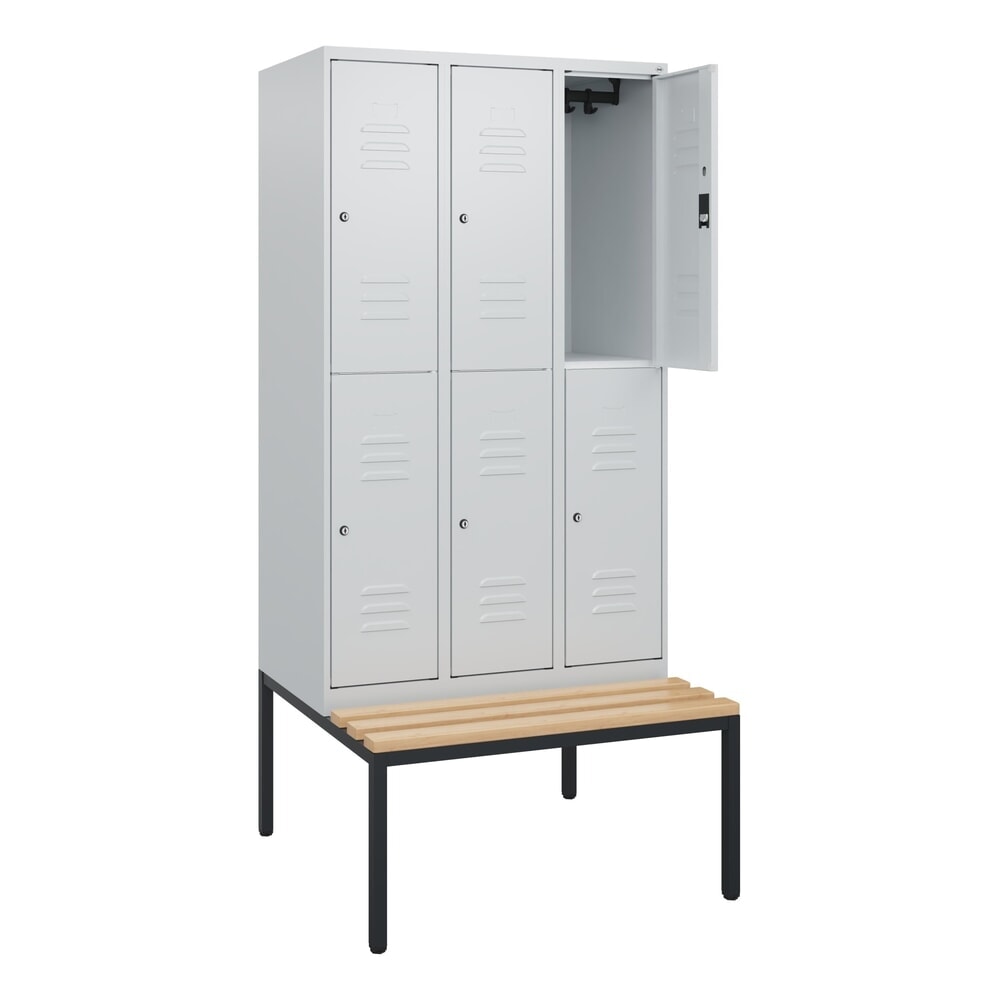 Produktabbildung: C+P Doppelstock-Spind Classic PLUS, 3 Abteile, HxBxT 1.950 x 900 x 815 mm, Zylinderschloss, untergebaute Bank aus Buche, lichtgrau, lichtgrau