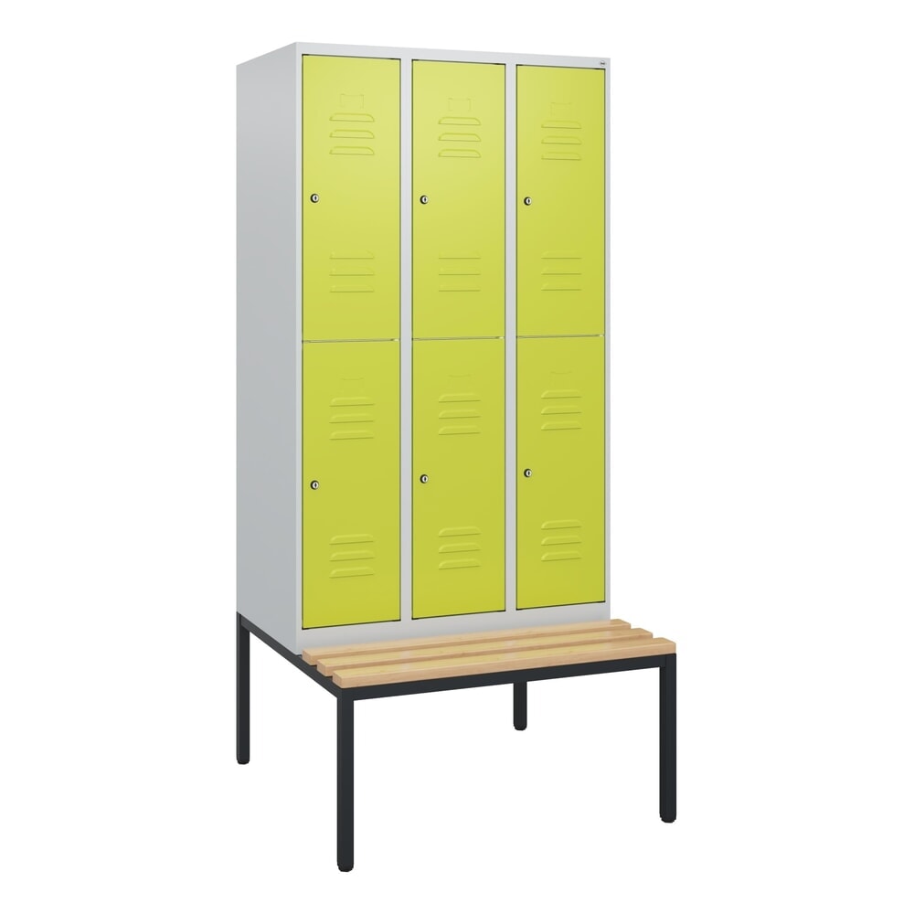 Produktabbildung Nr. 9: C+P Doppelstock-Spind Classic PLUS, 3 Abteile, HxBxT 1.950 x 900 x 815 mm, Zylinderschloss, untergebaute Bank aus Buche, lichtgrau, clowngrün