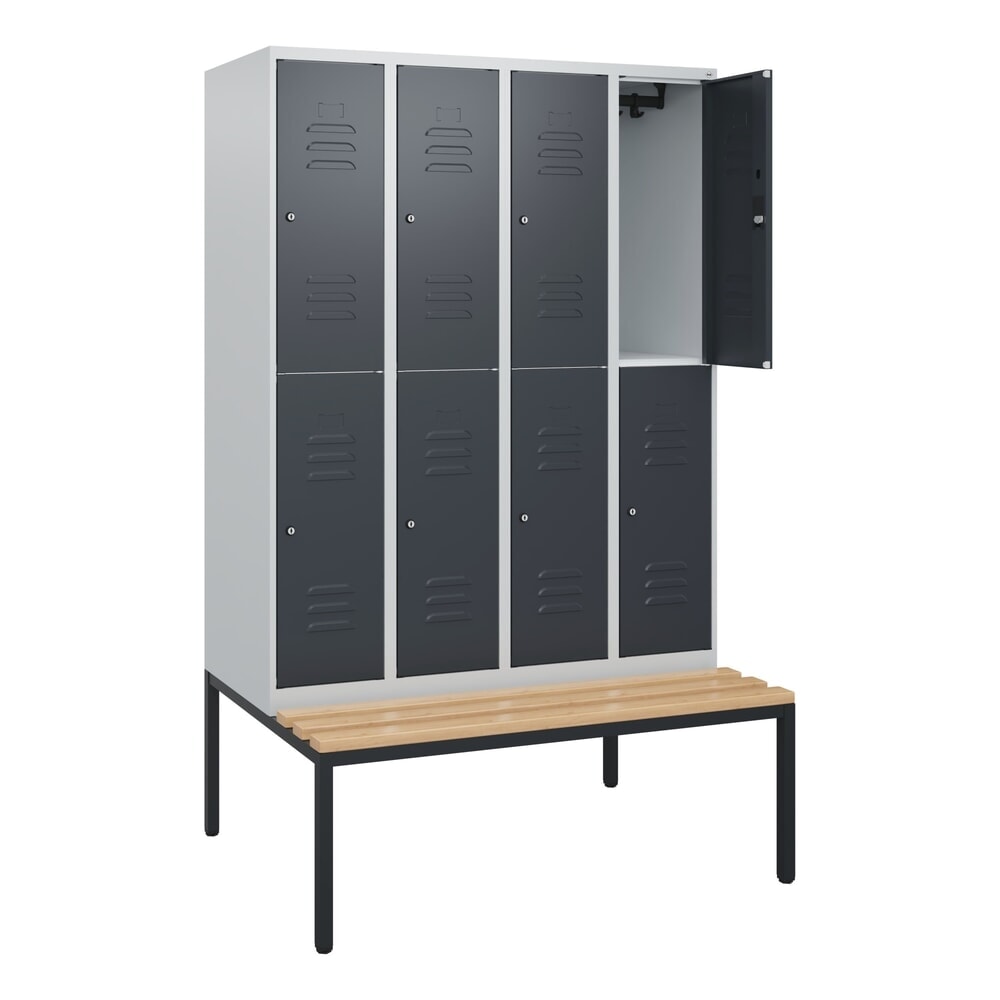 Produktabbildung: C+P Doppelstock-Spind Classic PLUS, 4 Abteile, HxBxT 1.950 x 1.200 x 815 mm, Zylinderschloss, untergebaute Bank aus Buche, lichtgrau, anthrazitgrau